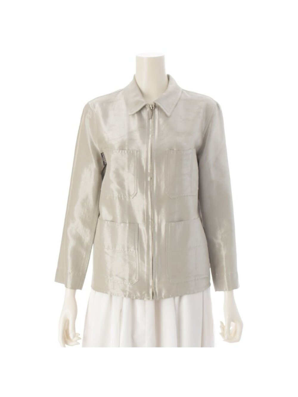 Chanel Silk Rayon Shiny Zip Up Jacket Silver 36